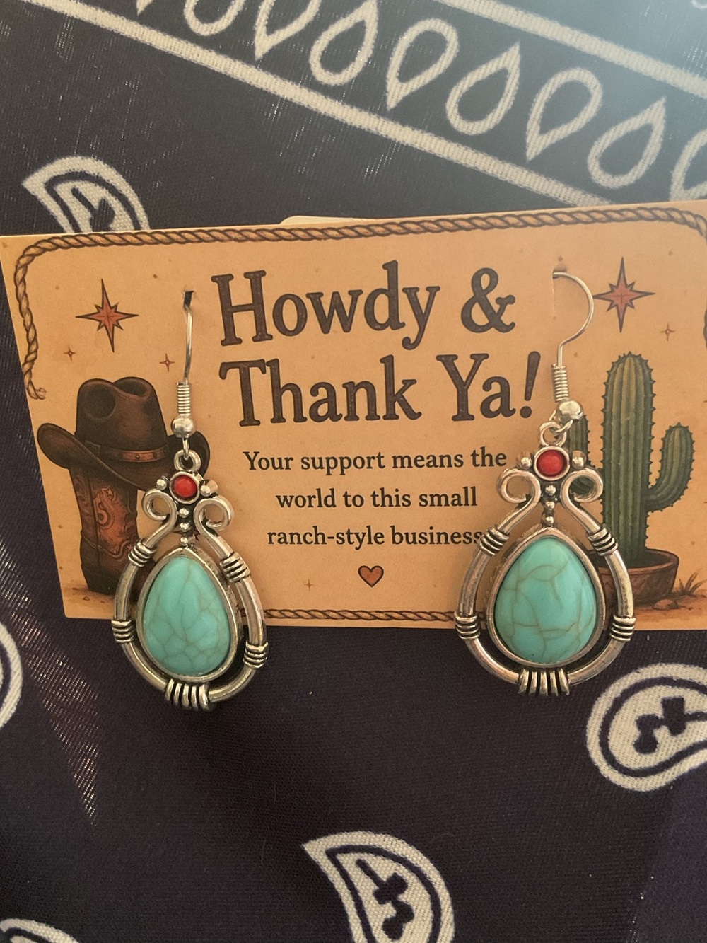 Turquoise Teardrop Dangle Earrings - Rustic Western Style